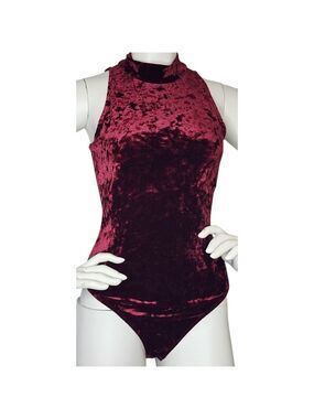 NWT Second Skin Burgundy Velvet Mock Neck Contour Bodysuit Small
